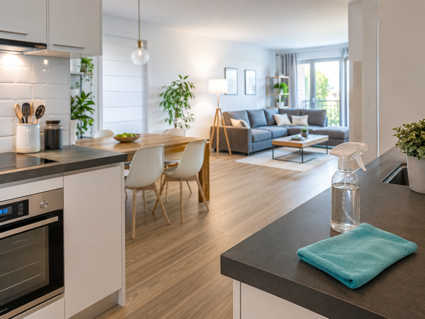 Cuisine et salon propres après une prestation de ménage à domicile.