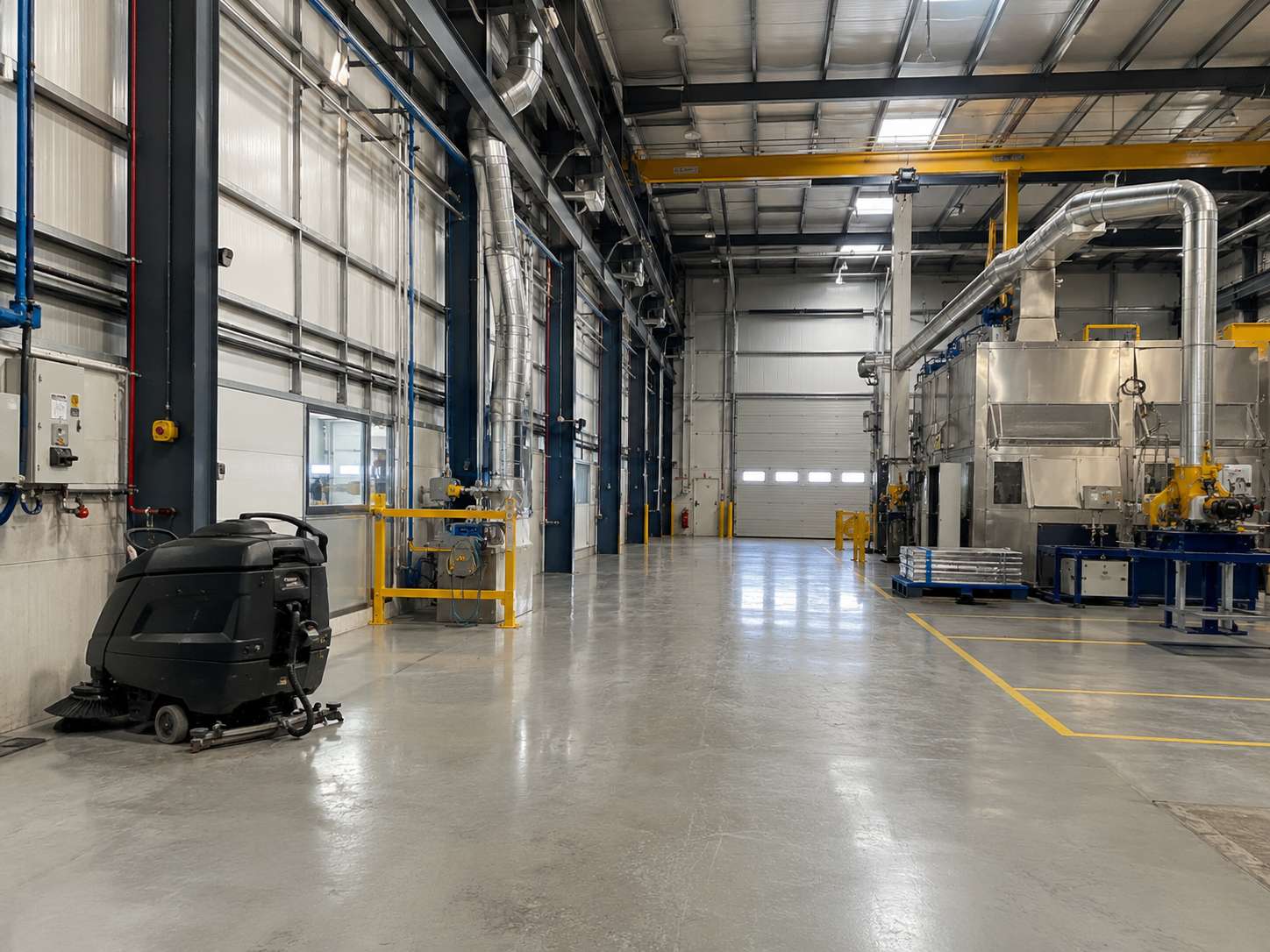 Nettoyage industriel d’un atelier avec sol entretenu et autolaveuse professionnelle.