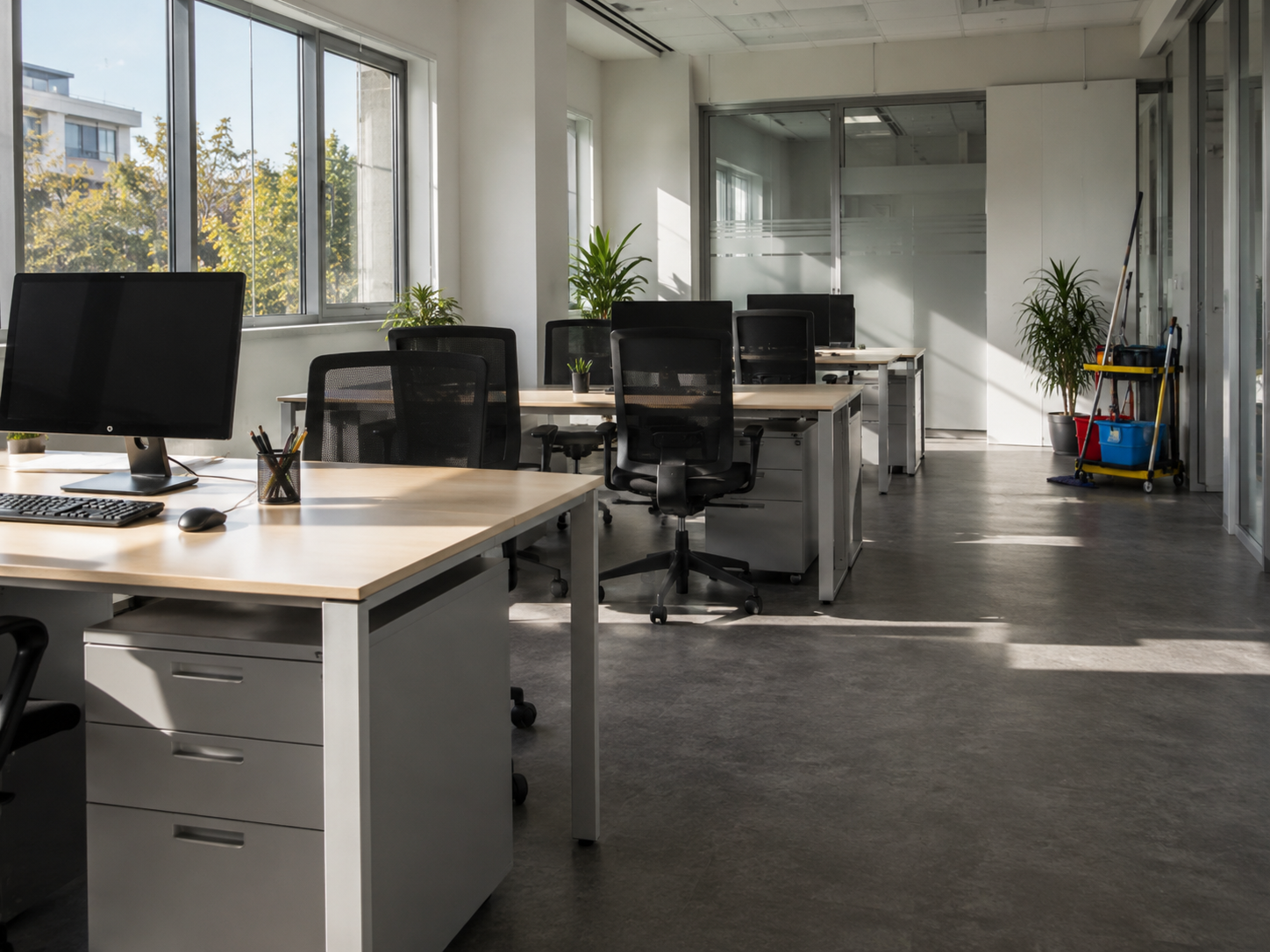 Bureau professionnel propre et organisé après une intervention de nettoyage.