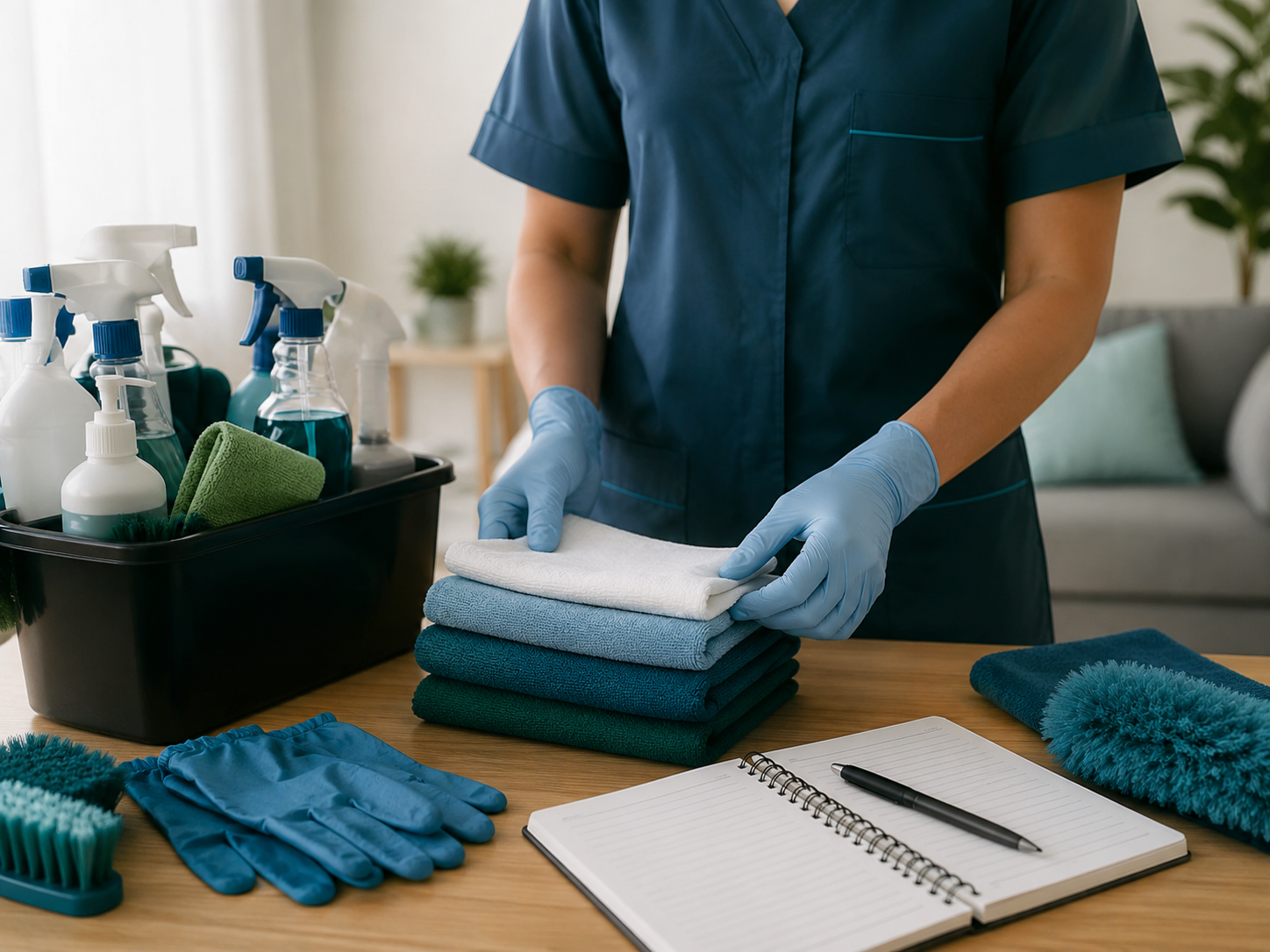 Préparation d’une intervention Clean Services avec matériel de nettoyage organisé.