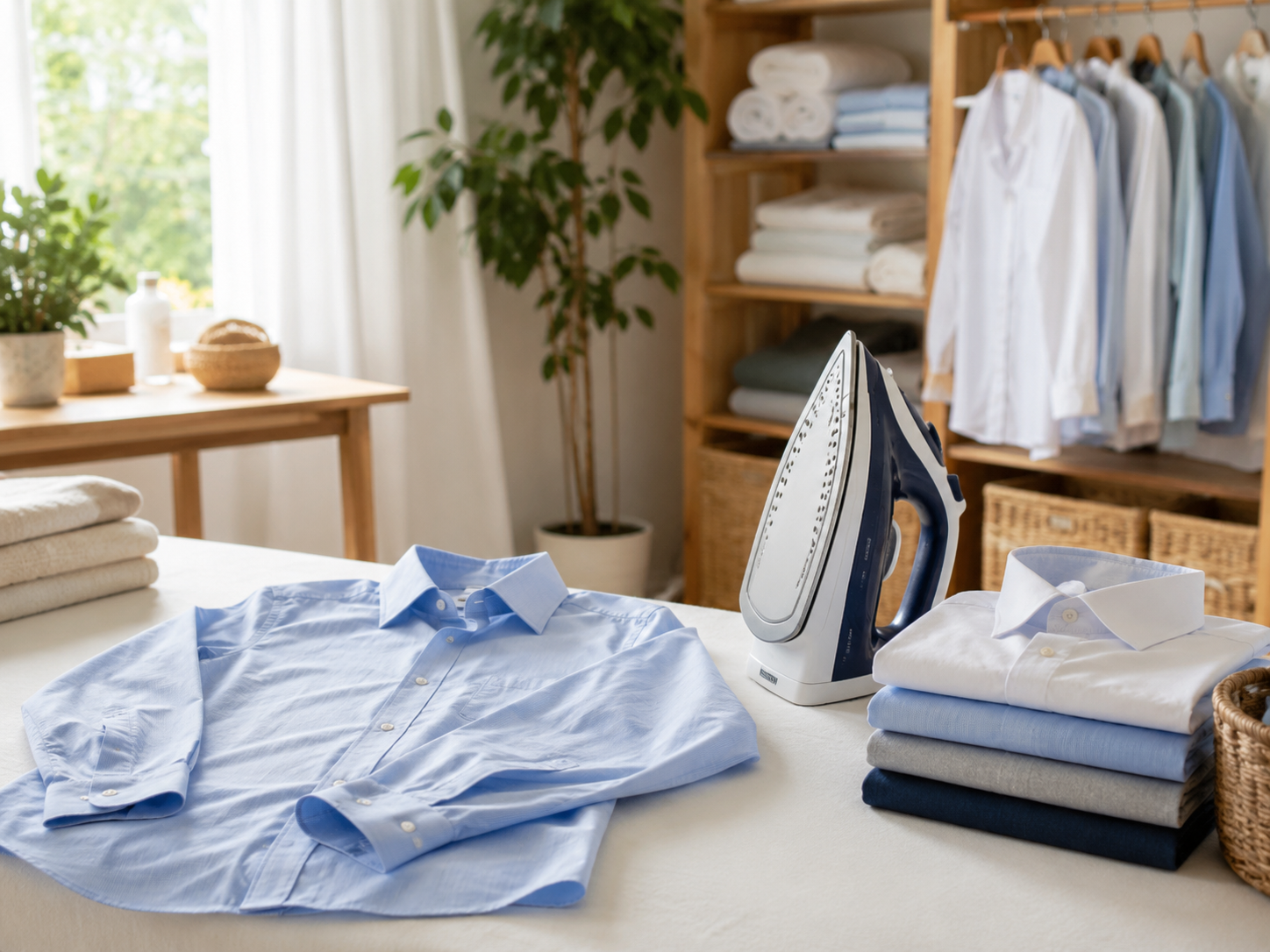 Chemises repassées et linge plié sur une table claire.